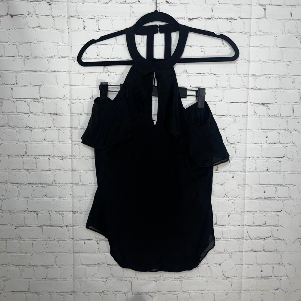 Ramy Brook Black Silk Cold Shoulder Halter Top Keyhole Ruffle Strappy Back Sz SM